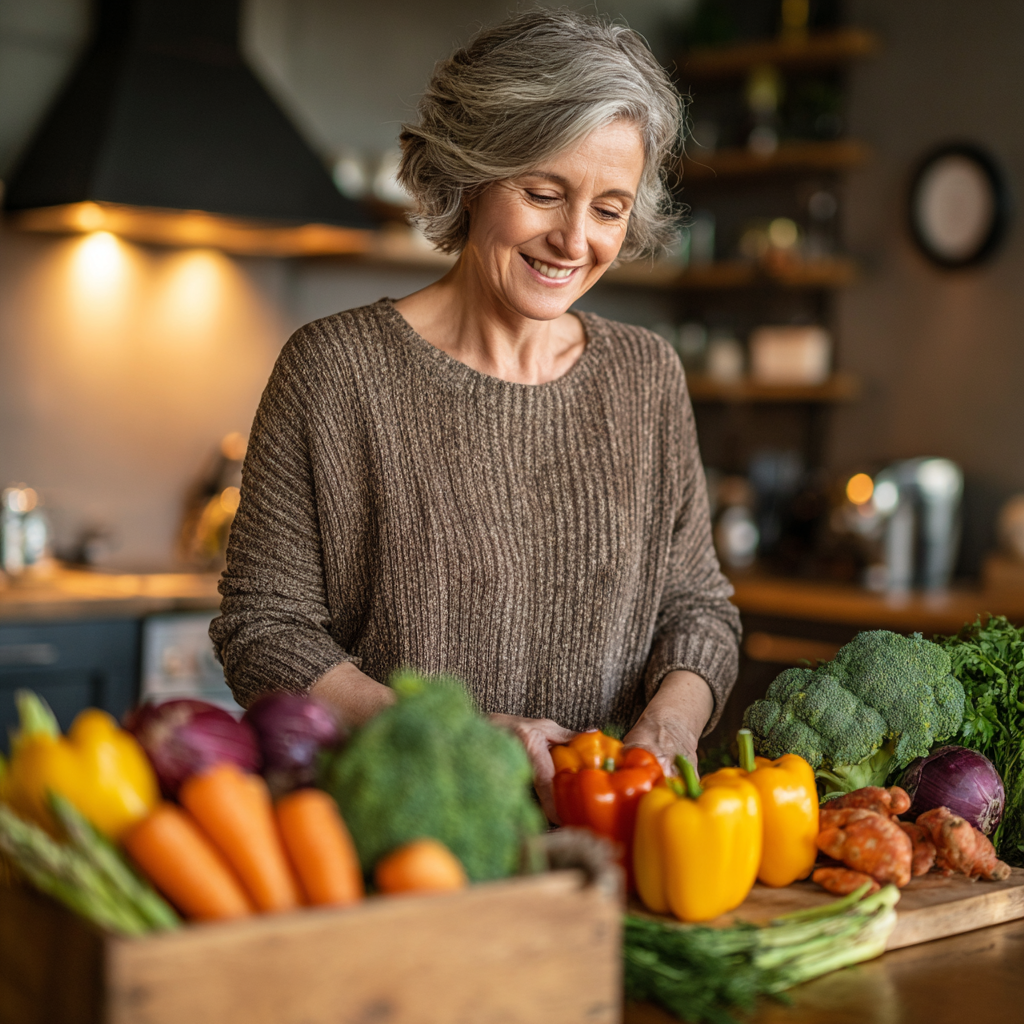Healthy middle-aged woman in her 50s preparing fresh vegetables and nutritious meals in a modern kitchen, smiling while organizing colorful produce