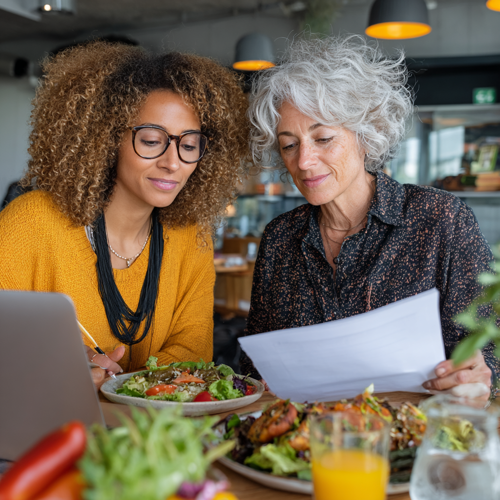 Professional nutritionist in her 40s consulting with a mature client, both looking at healthy meal plans and nutrition documents in a bright, modern office setting